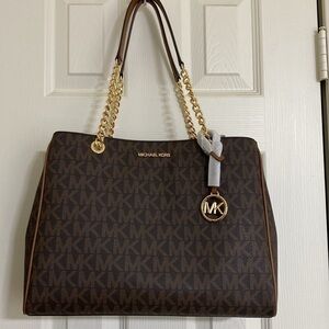 $358 NEW! NWT MICHAEL KORS Susannah Large EW Tote Brown/Luggage w/Chain Detail